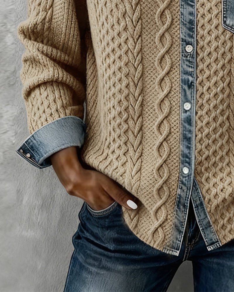 Women's Long-Sleeve Knit Blouse with Denim Patchwork Details