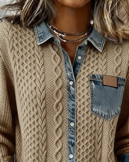 Women's Long-Sleeve Knit Blouse with Denim Patchwork Details