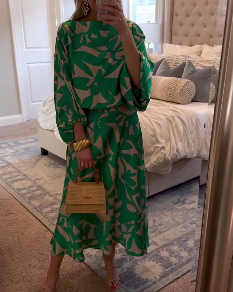Women's Foliage Print Lantern-Sleeve Two-Piece Outfit