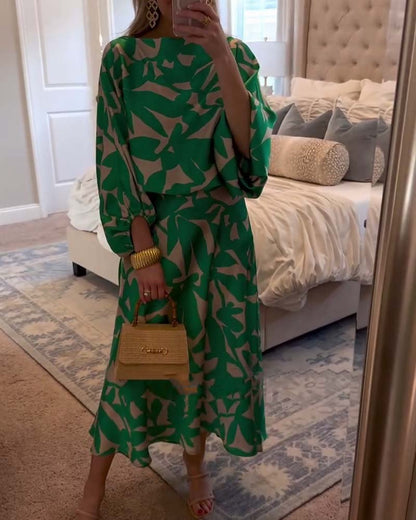 Women's Foliage Print Lantern-Sleeve Two-Piece Outfit
