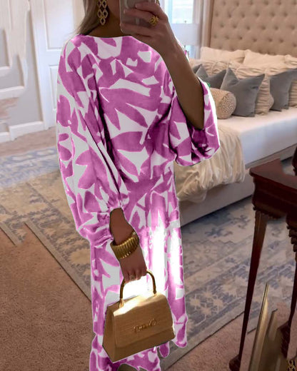 Women's Foliage Print Lantern-Sleeve Two-Piece Outfit