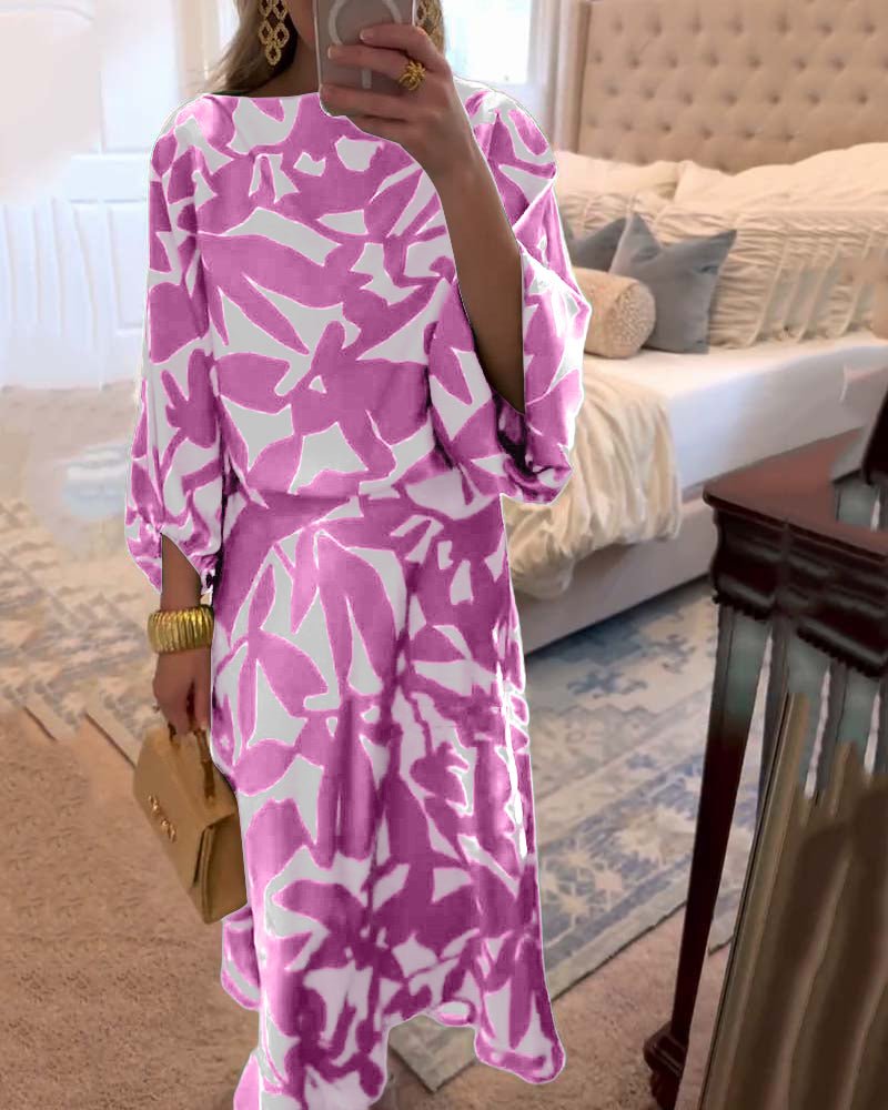 Women's Foliage Print Lantern-Sleeve Two-Piece Outfit