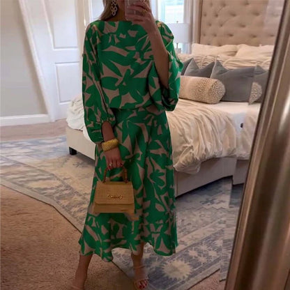 Women's Foliage Print Lantern-Sleeve Two-Piece Outfit