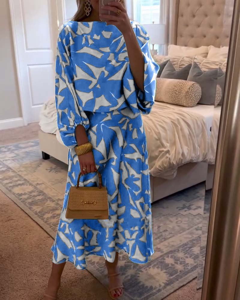 Women's Foliage Print Lantern-Sleeve Two-Piece Outfit