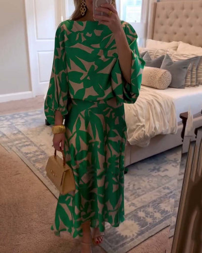 Women's Foliage Print Lantern-Sleeve Two-Piece Outfit