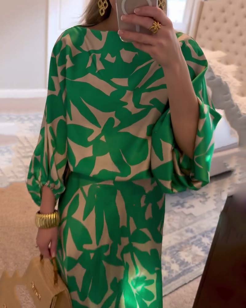 Women's Foliage Print Lantern-Sleeve Two-Piece Outfit