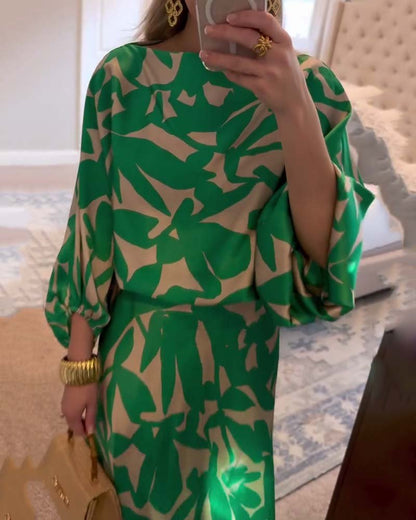 Women's Foliage Print Lantern-Sleeve Two-Piece Outfit