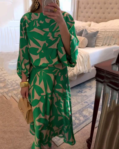Women's Foliage Print Lantern-Sleeve Two-Piece Outfit