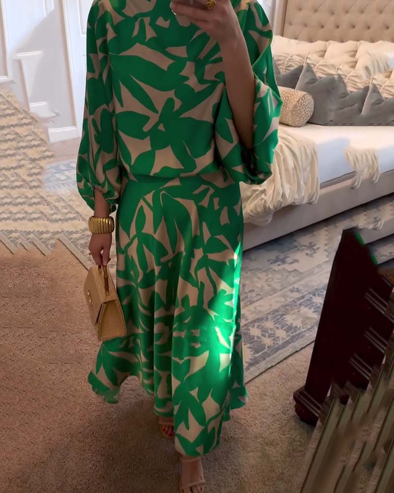 Women's Foliage Print Lantern-Sleeve Two-Piece Outfit