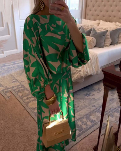 Women's Foliage Print Lantern-Sleeve Two-Piece Outfit