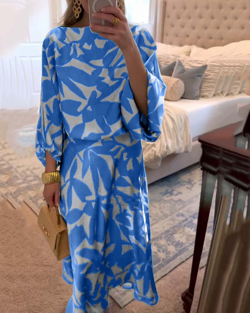 Women's Foliage Print Lantern-Sleeve Two-Piece Outfit