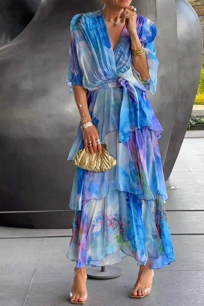 Women's Tiered Floral Print Chiffon Maxi Dress