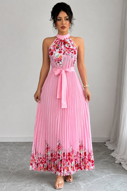 Women's Halter-Neck Pleated Floral Midi Evening Gown
