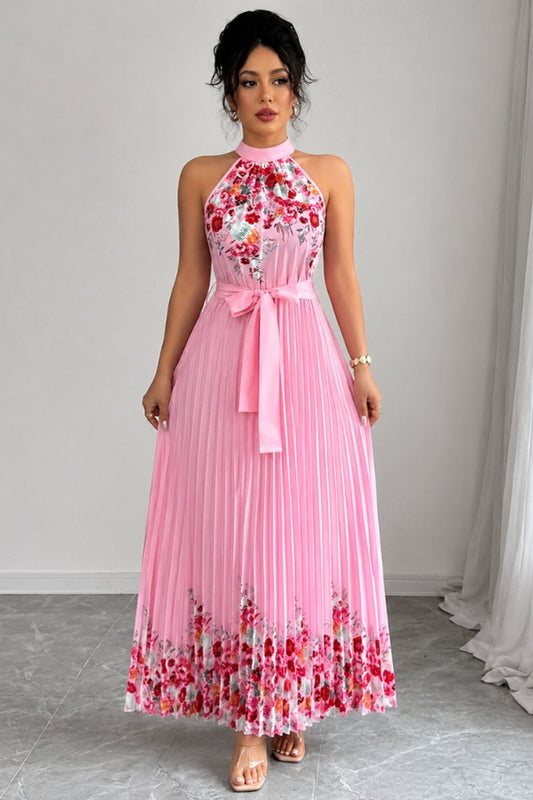 Women's Halter-Neck Pleated Floral Midi Evening Gown