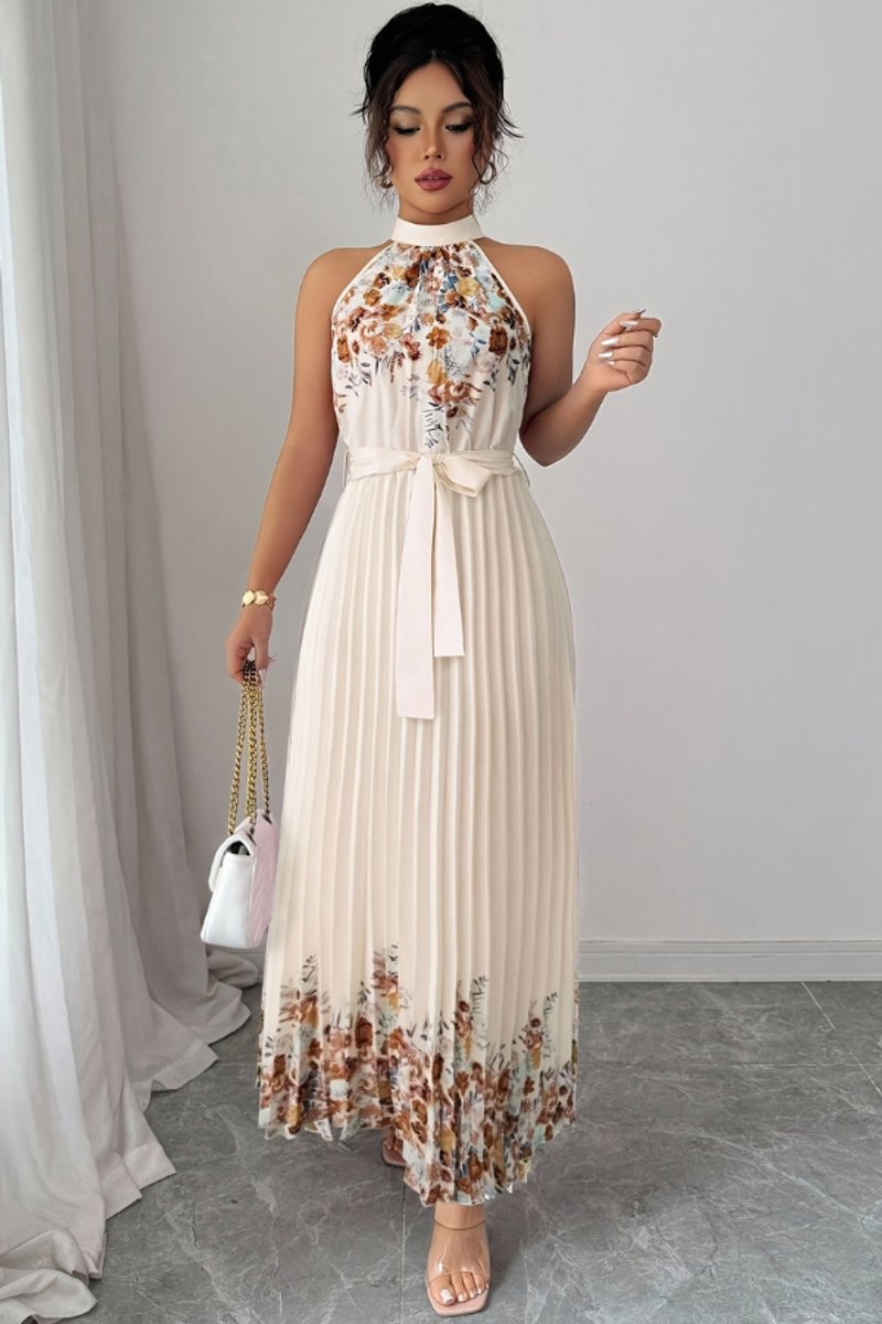 Women's Halter-Neck Pleated Floral Midi Evening Gown