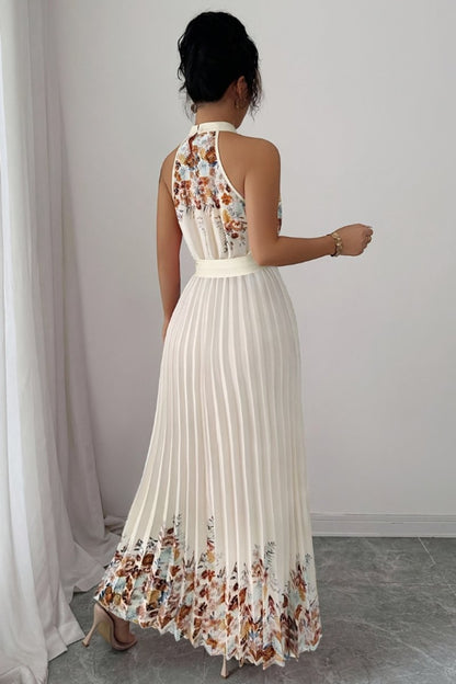 Women's Halter-Neck Pleated Floral Midi Evening Gown