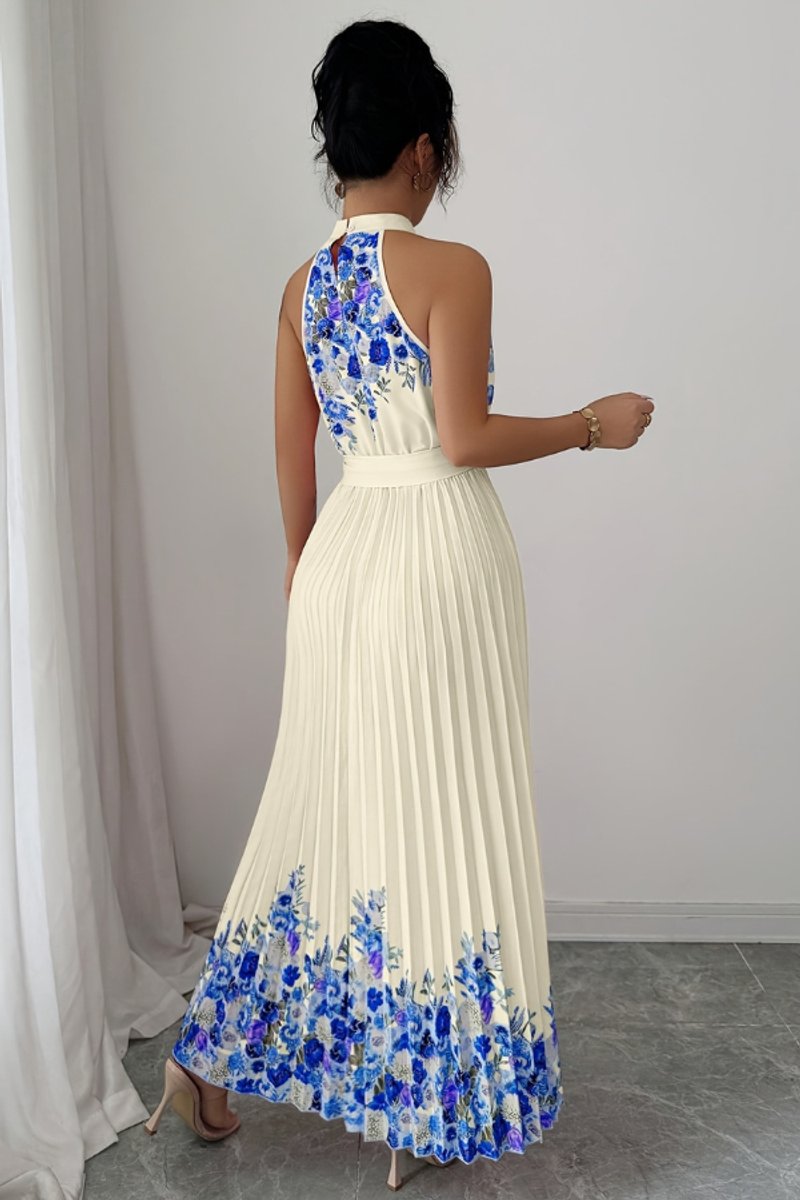 Women's Halter-Neck Pleated Floral Midi Evening Gown