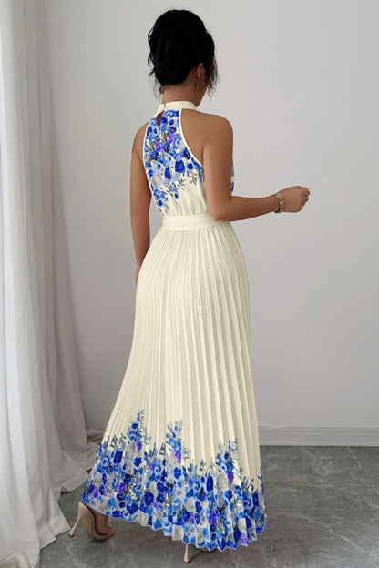 Women's Halter-Neck Pleated Floral Midi Evening Gown