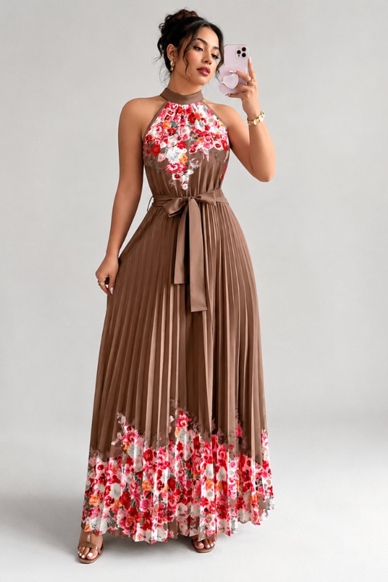 Women's Halter-Neck Pleated Floral Midi Evening Gown