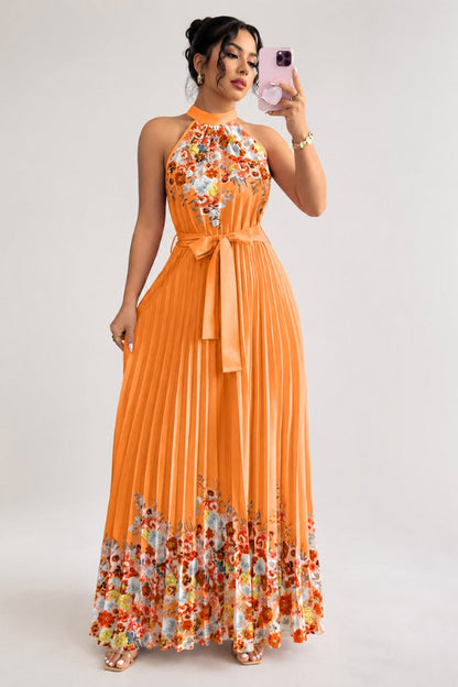 Women's Halter-Neck Pleated Floral Midi Evening Gown