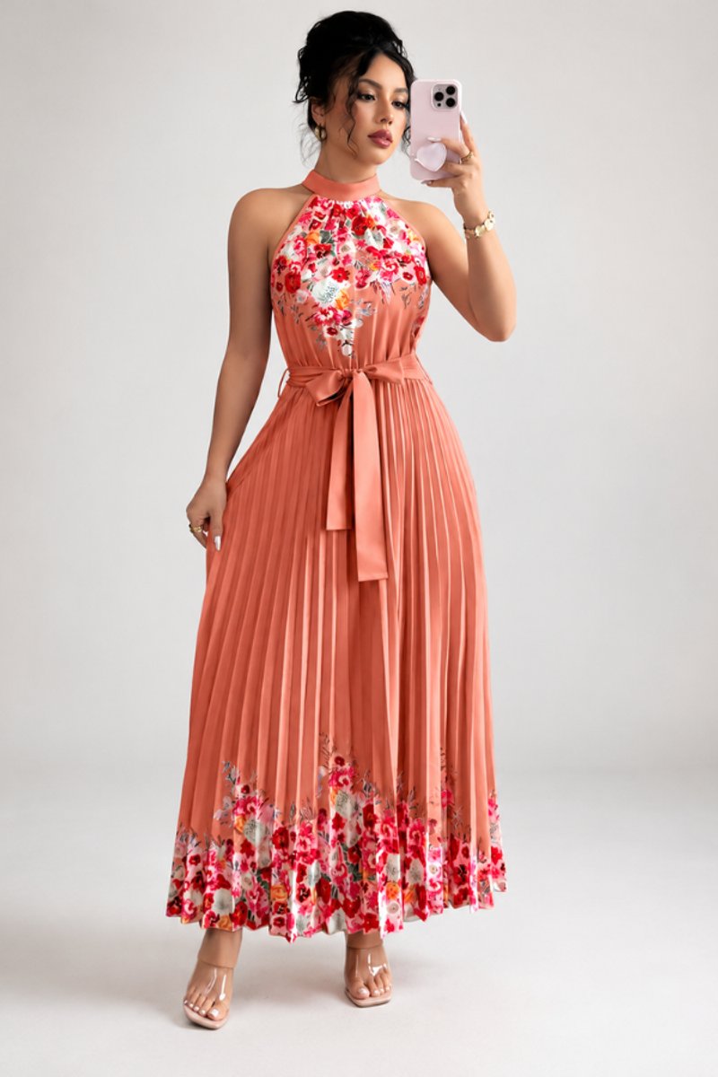 Women's Halter-Neck Pleated Floral Midi Evening Gown