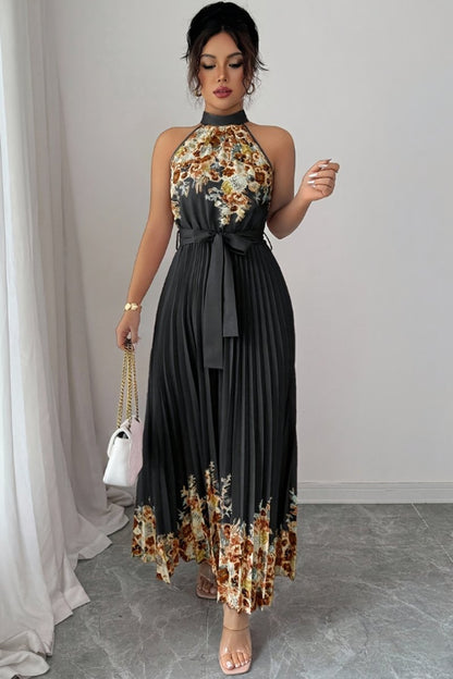 Women's Halter-Neck Pleated Floral Midi Evening Gown