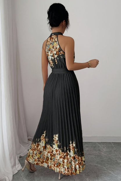Women's Halter-Neck Pleated Floral Midi Evening Gown
