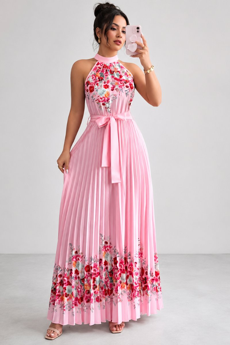 Women's Halter-Neck Pleated Floral Midi Evening Gown