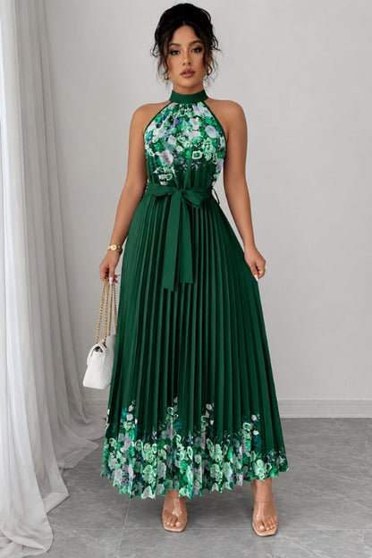 Women's Halter-Neck Pleated Floral Midi Evening Gown
