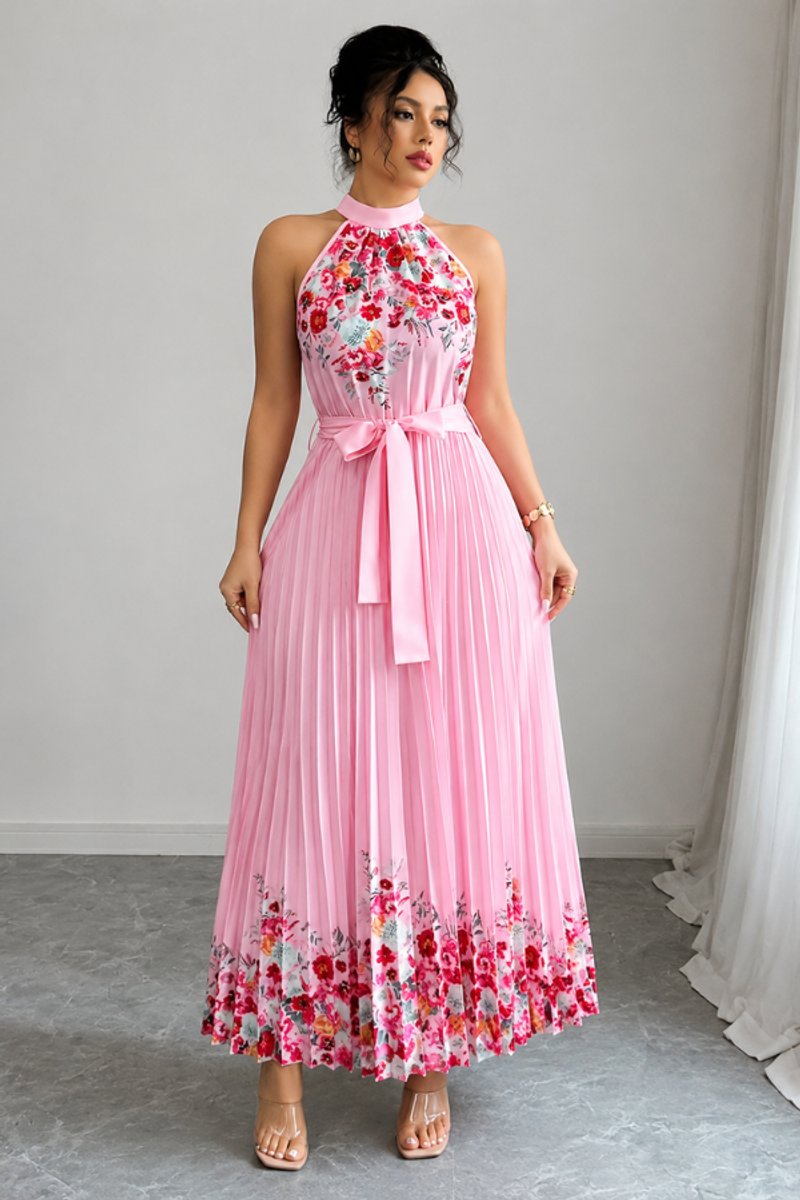 Women's Halter-Neck Pleated Floral Midi Evening Gown