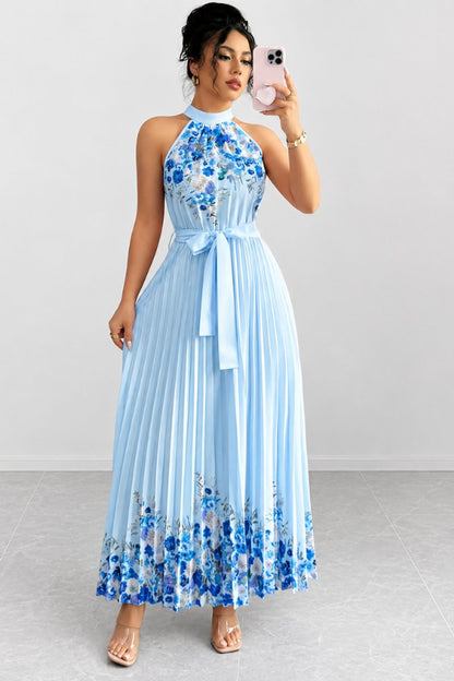 Women's Halter-Neck Pleated Floral Midi Evening Gown
