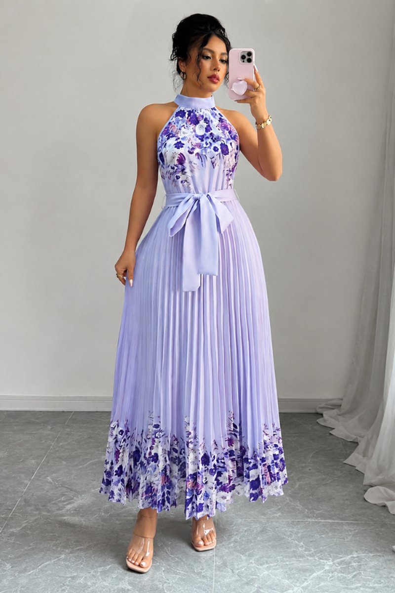 Women's Halter-Neck Pleated Floral Midi Evening Gown