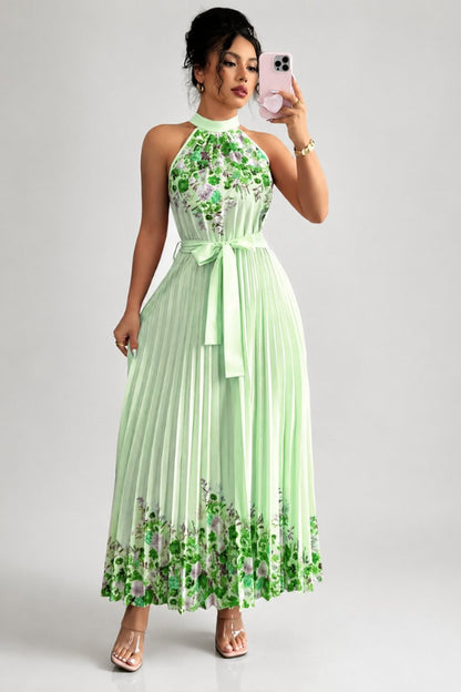 Women's Halter-Neck Pleated Floral Midi Evening Gown