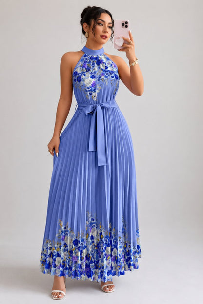 Women's Halter-Neck Pleated Floral Midi Evening Gown