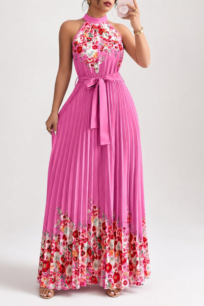 Women's Halter-Neck Pleated Floral Midi Evening Gown