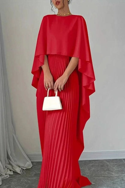 Women's Pleated Cape-Detail Maxi Evening Dress for Formal Events