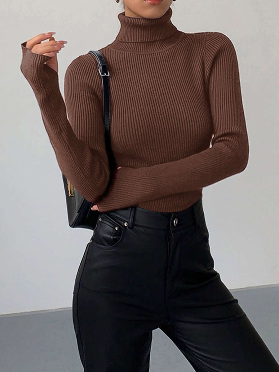 Women's Rib-Knit High-Neck Spring Pullover Sweater