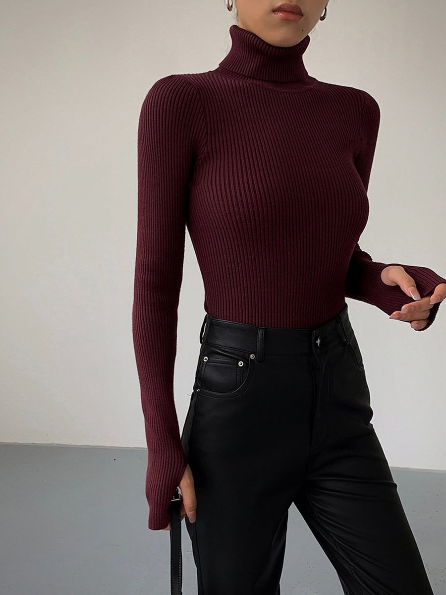 Women's Rib-Knit High-Neck Spring Pullover Sweater