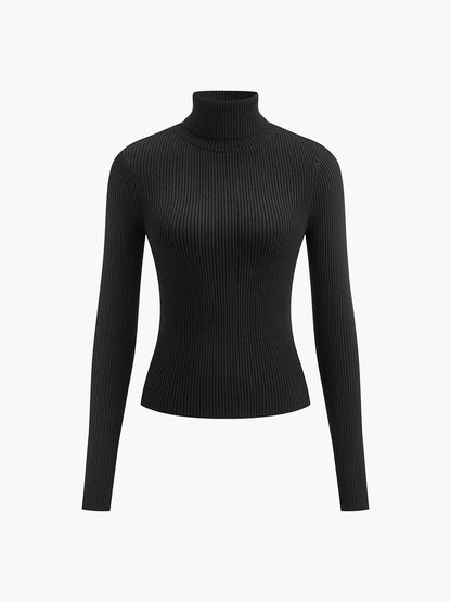 Women's Rib-Knit High-Neck Spring Pullover Sweater