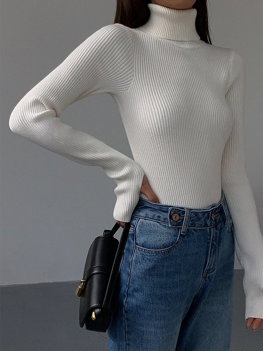 Women's Rib-Knit High-Neck Spring Pullover Sweater