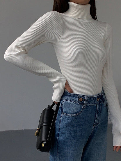 Women's Rib-Knit High-Neck Spring Pullover Sweater