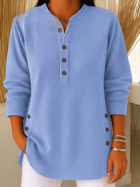 Women's Ribbed Henley Tunic Top with Button Placket