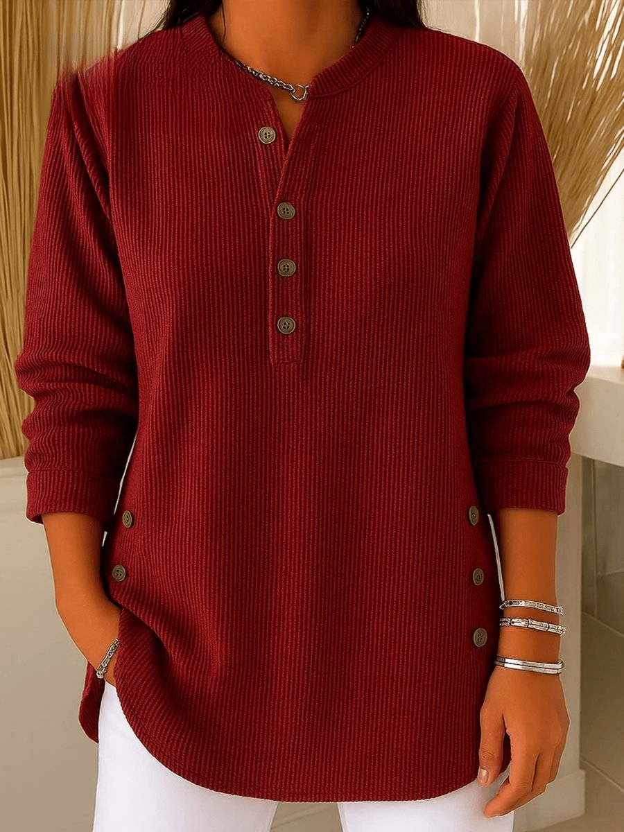 Women's Ribbed Henley Tunic Top with Button Placket