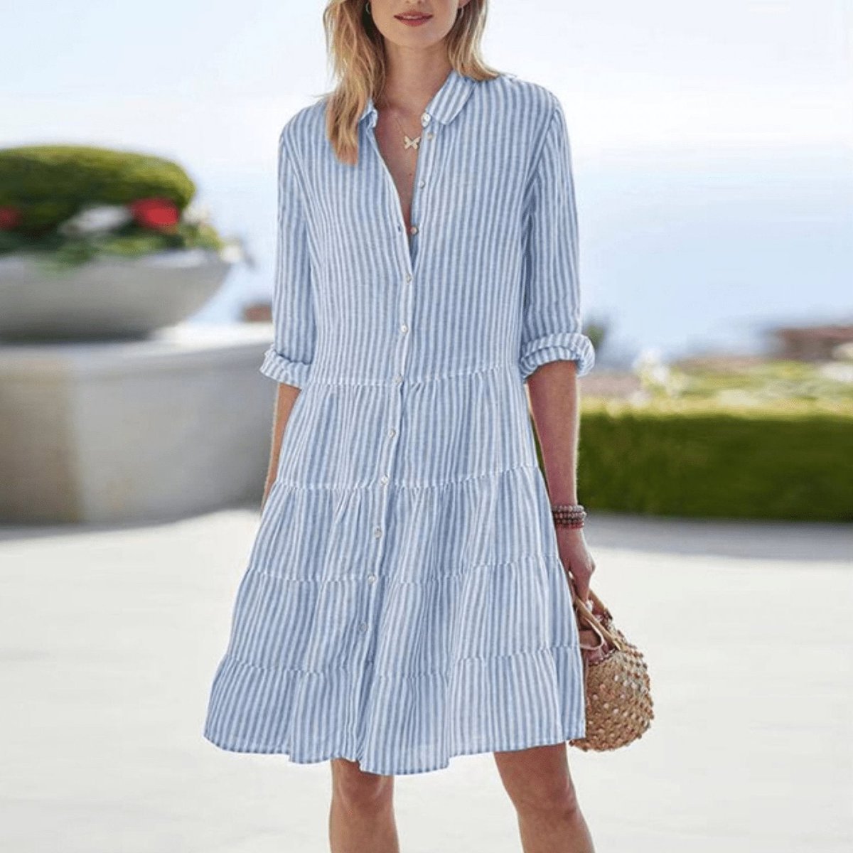 Women's Button-Front Striped Tiered A-Line Shirt Dress