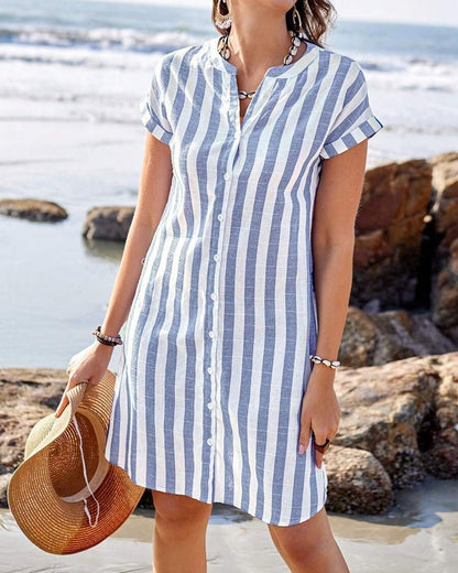 Women's Short-Sleeve Button-Up Striped Linen Shirt Dress