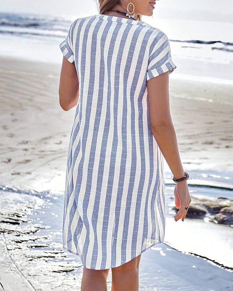 Women's Short-Sleeve Button-Up Striped Linen Shirt Dress
