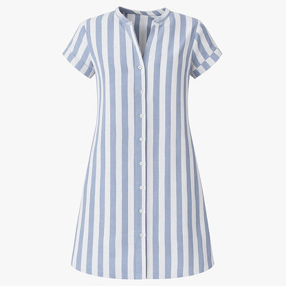 Women's Short-Sleeve Button-Up Striped Linen Shirt Dress
