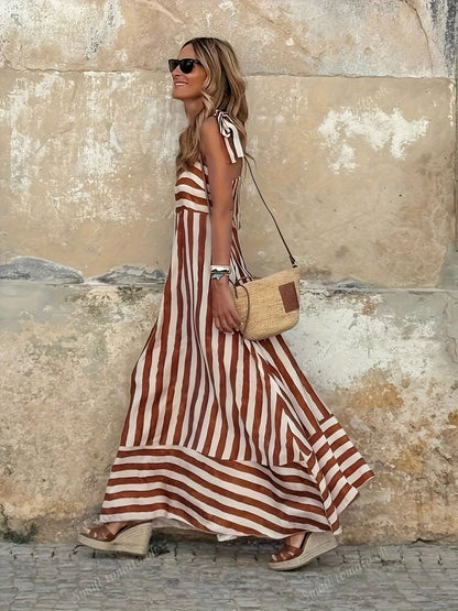 Women's Flowy Striped Maxi Dress with Adjustable Spaghetti Straps