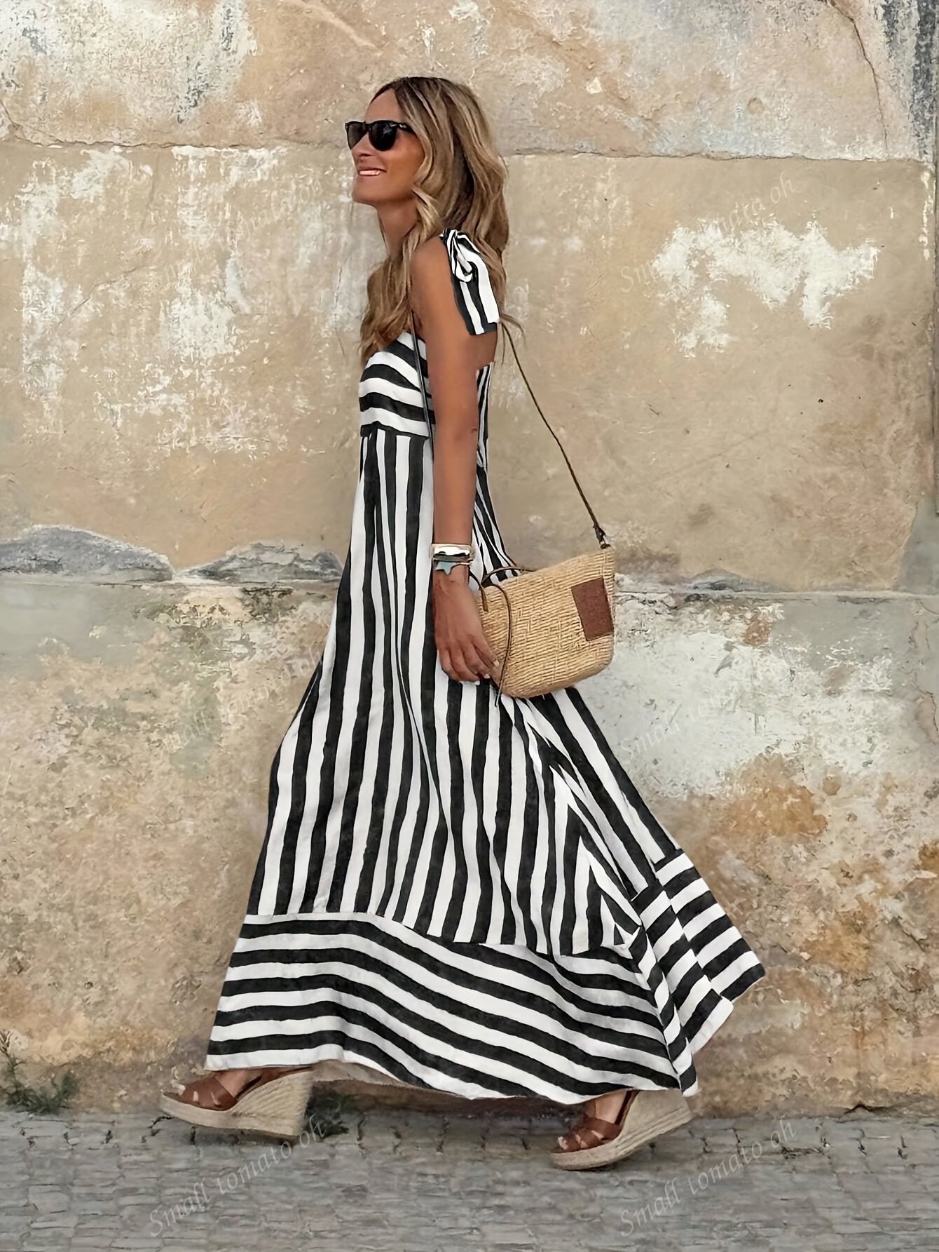 Women's Flowy Striped Maxi Dress with Adjustable Spaghetti Straps