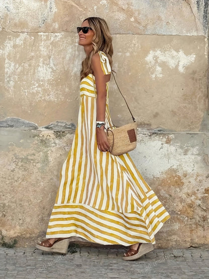 Women's Flowy Striped Maxi Dress with Adjustable Spaghetti Straps